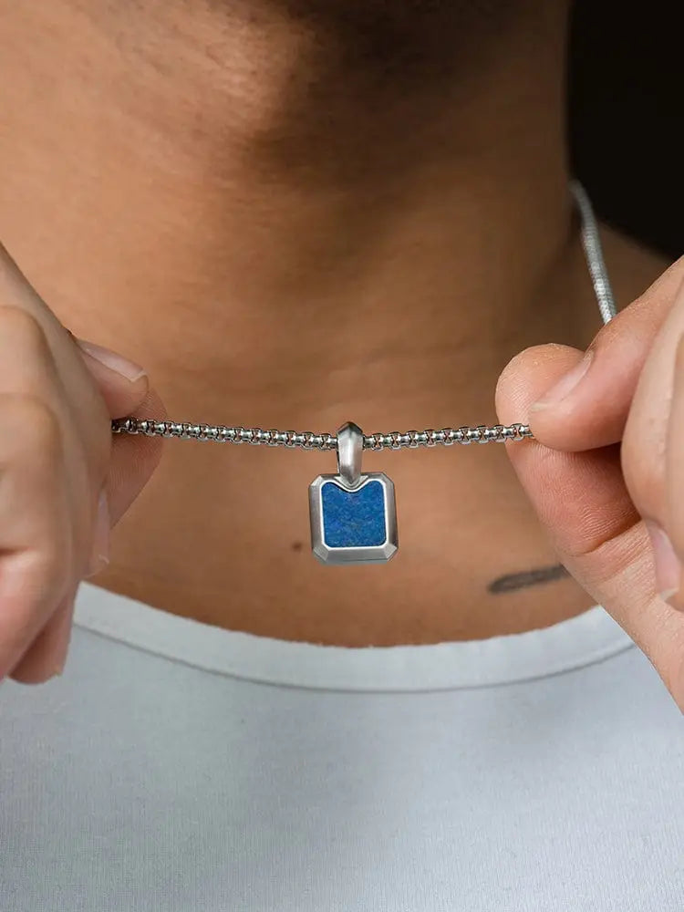Aaa lapis lazuli square stainless steel necklace featuring a silver chain with rectangular blue inlay pendant