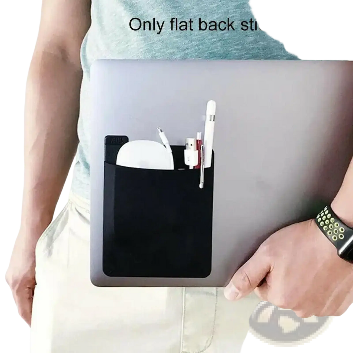 Black flat-back laptop storage pouch made of durable material attached to laptop for mouse and accessories organization