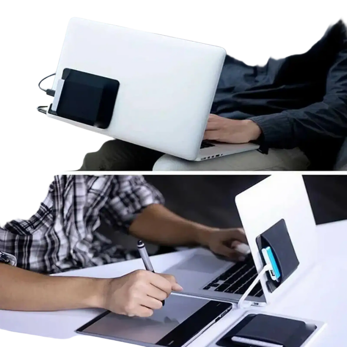 White laptop backside with black tablet stand attached featuring laptop back storage pouch for mouse and accessories