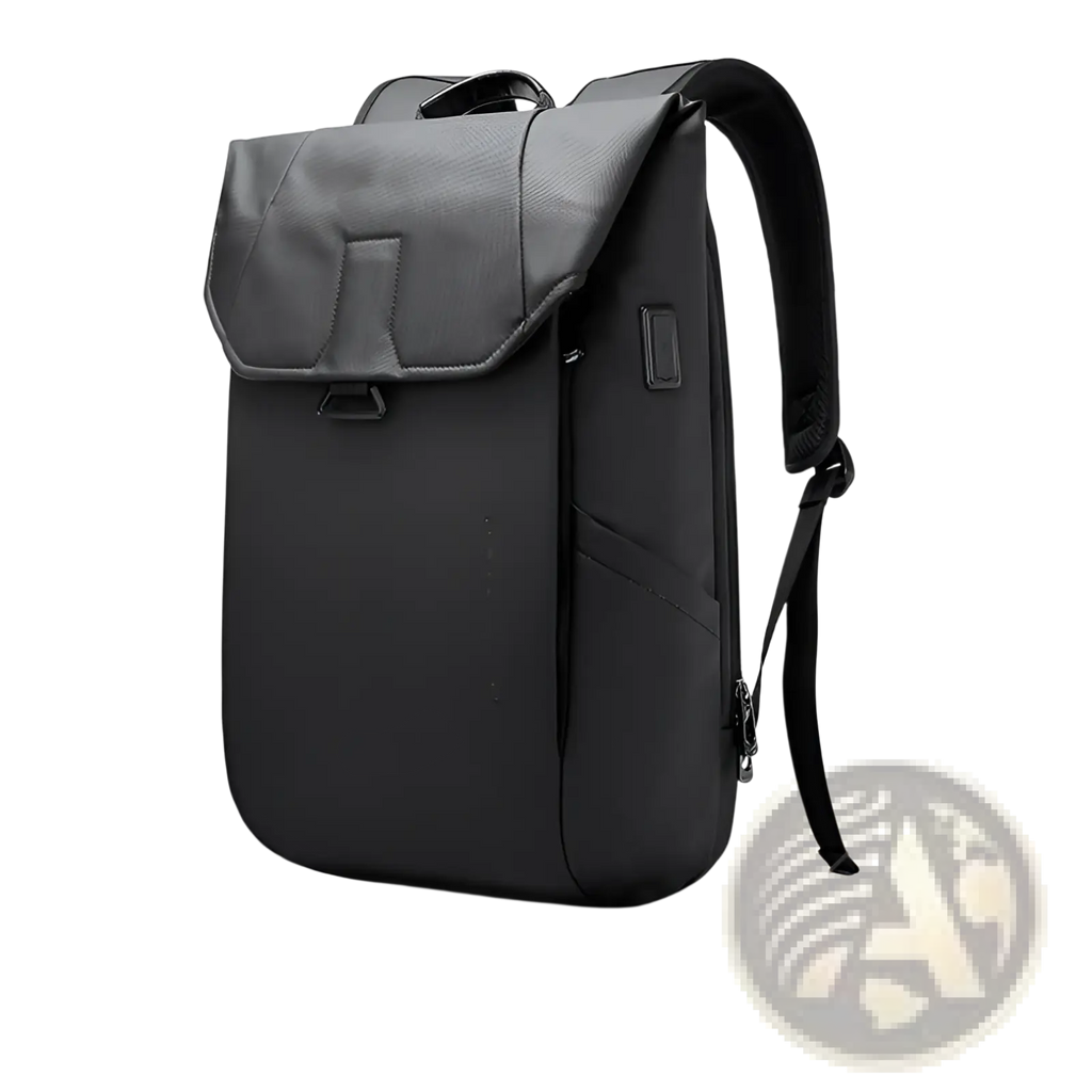 Black nylon laptop backpack with usb charging port and minimalist design featuring subtle gray accents on the flap