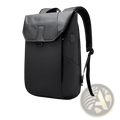 Black nylon laptop backpack with usb charging port and minimalist design featuring subtle gray accents on the flap