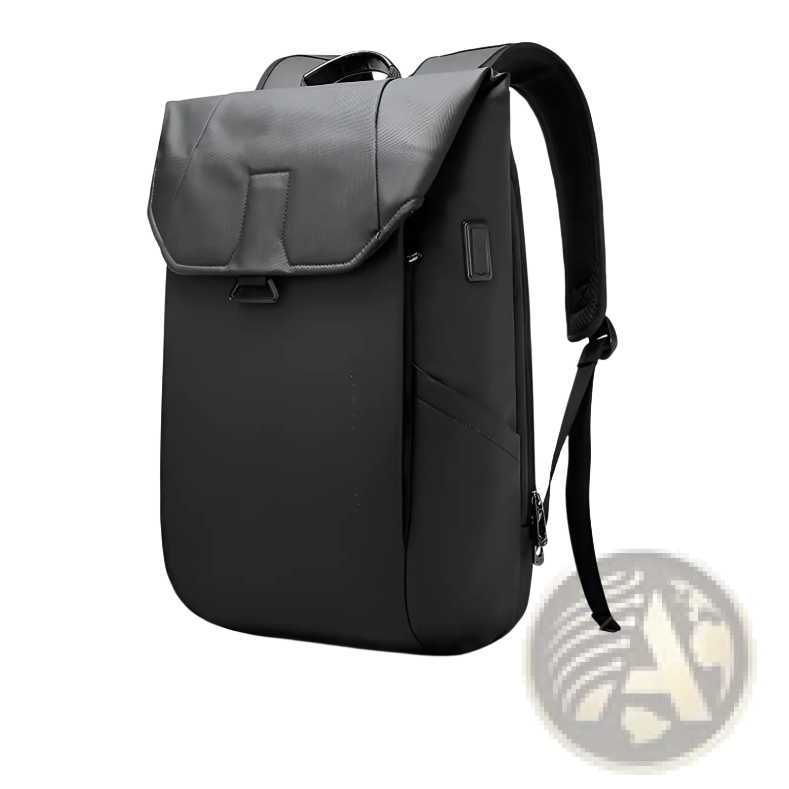 Black nylon laptop backpack with usb charging port and minimalist design featuring subtle gray accents on the flap