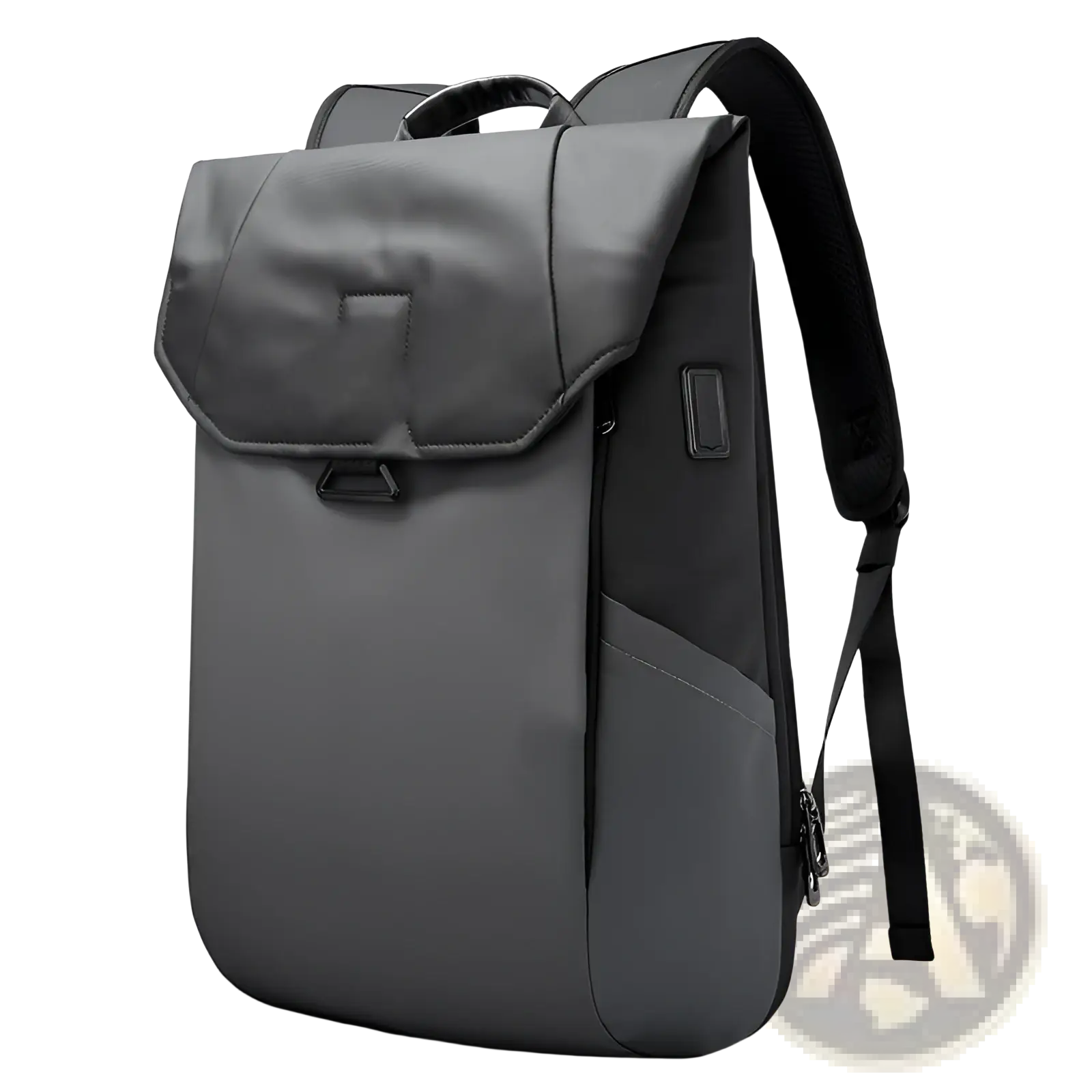 Dark gray minimalist laptop backpack with usb charging port and black shoulder straps for school and work use