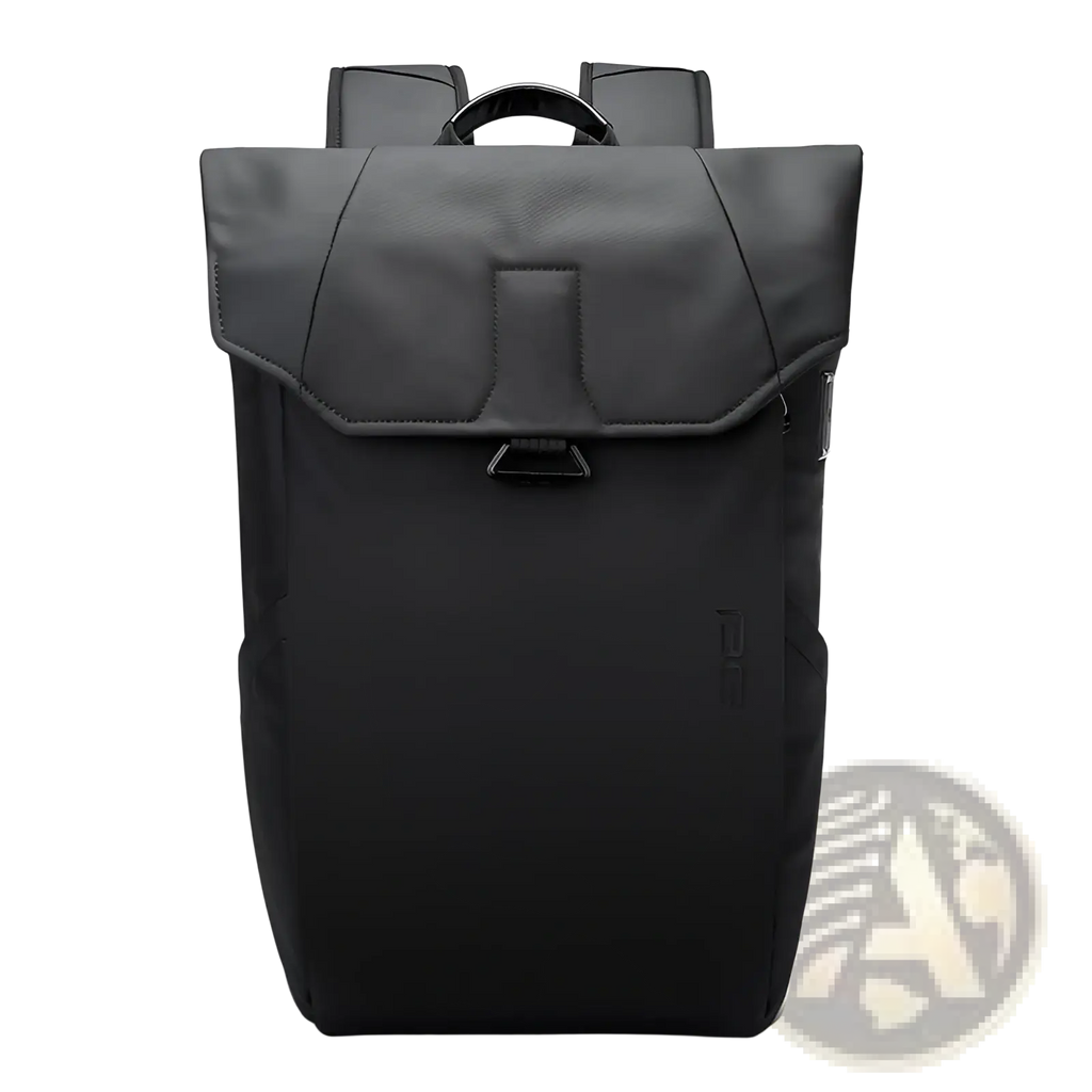 Black minimalist laptop backpack with textured fabric body and USB charging port for school and work use