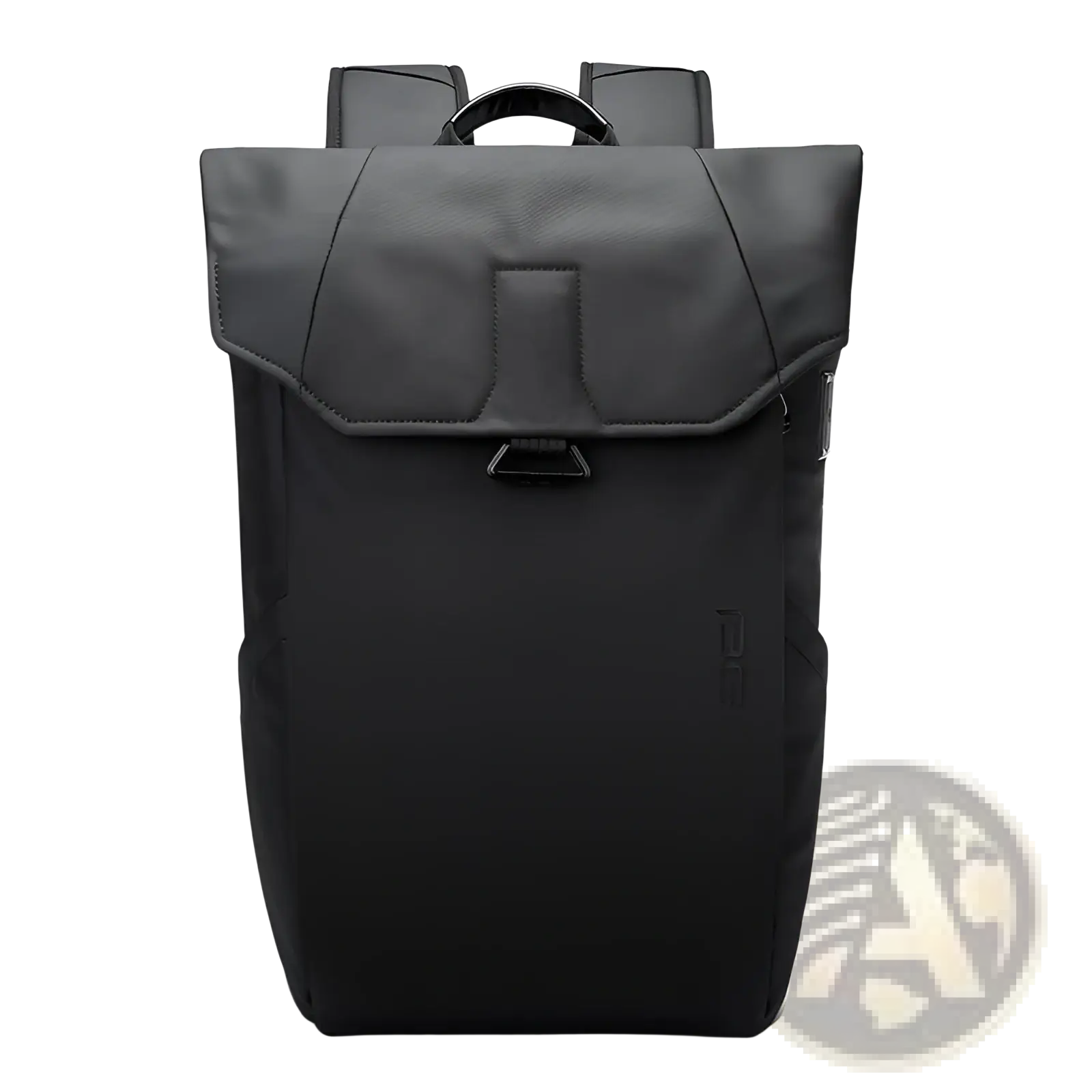 Black minimalist laptop backpack with textured fabric body and USB charging port for school and work use