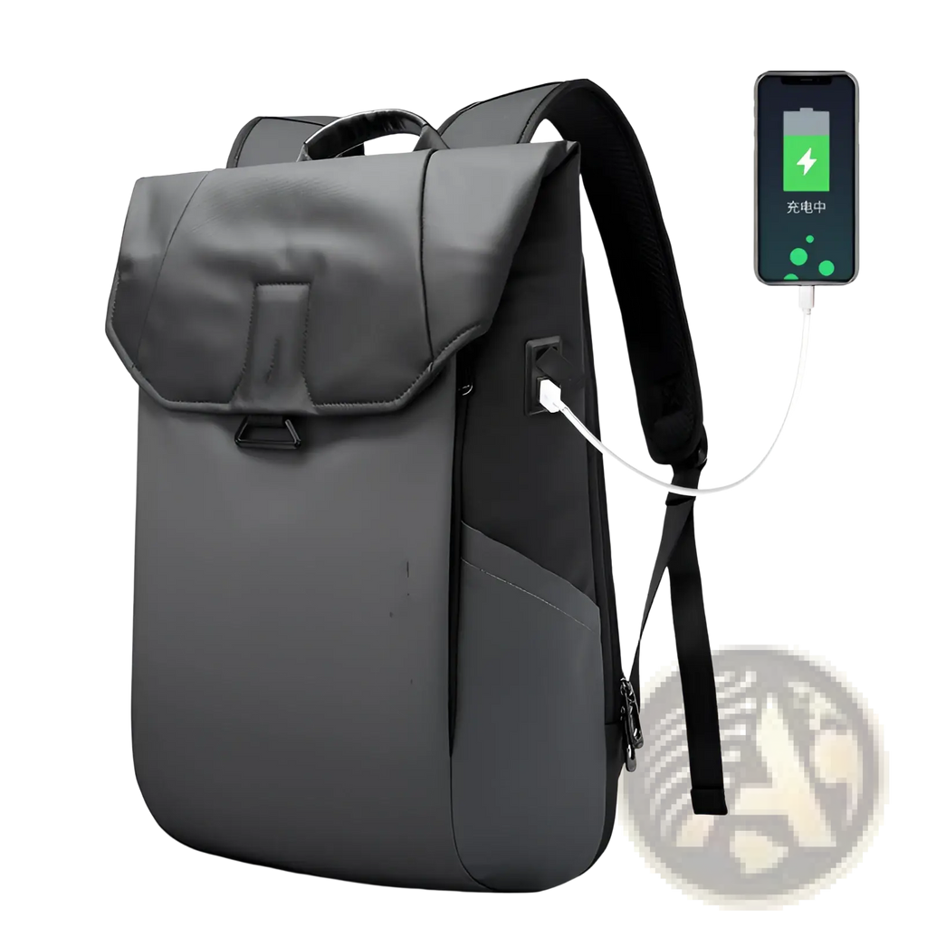 Black laptop backpack with usb charging port and padded shoulder straps for minimalist school use shown from back side