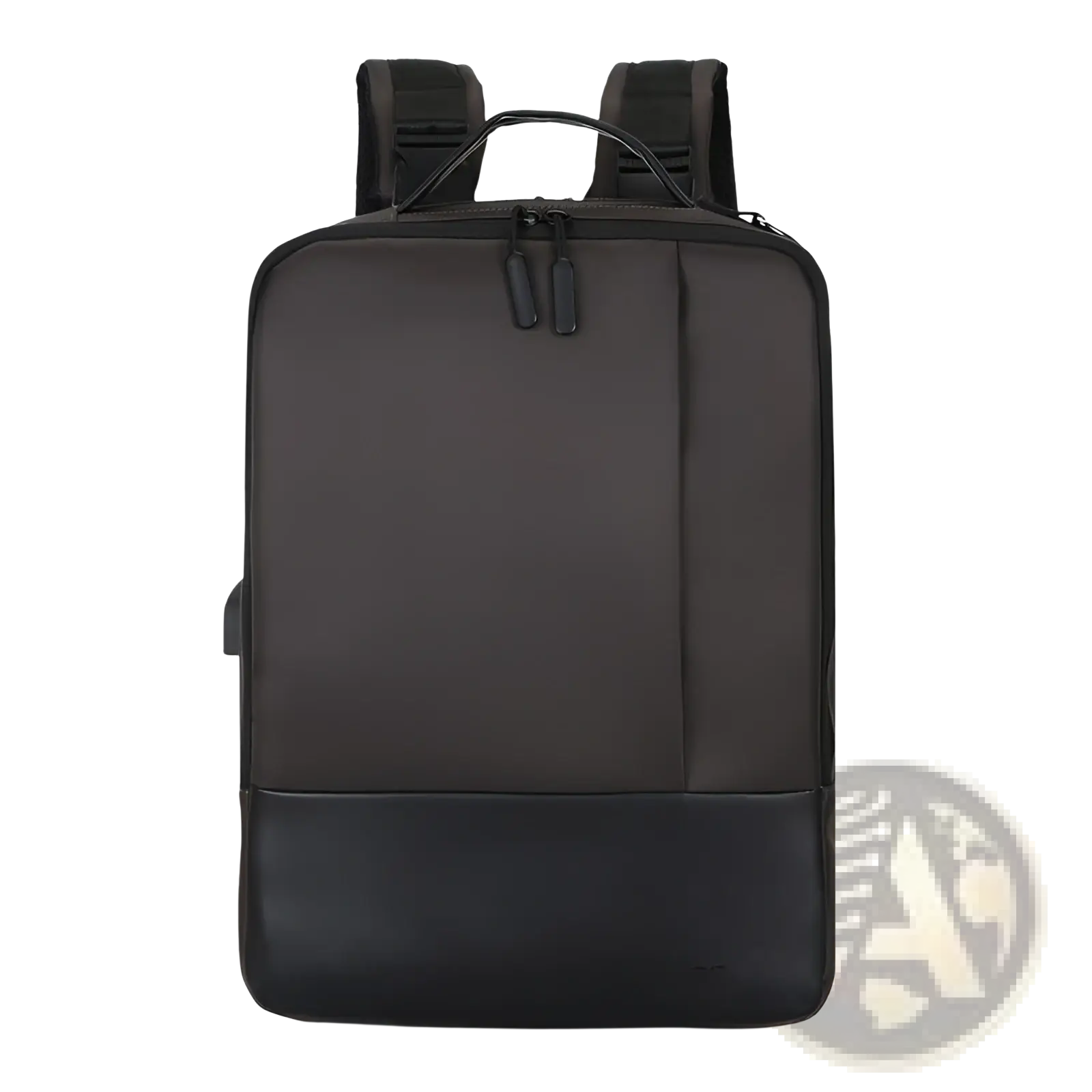 Black laptop backpack with sleek minimalist design and waterproof nylon body with black leather-like base