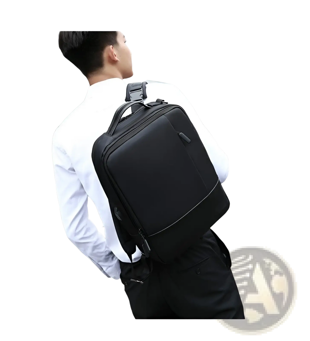 Black nylon laptop backpack with waterproof zipper bag featuring sleek minimalist design and subtle stitching details