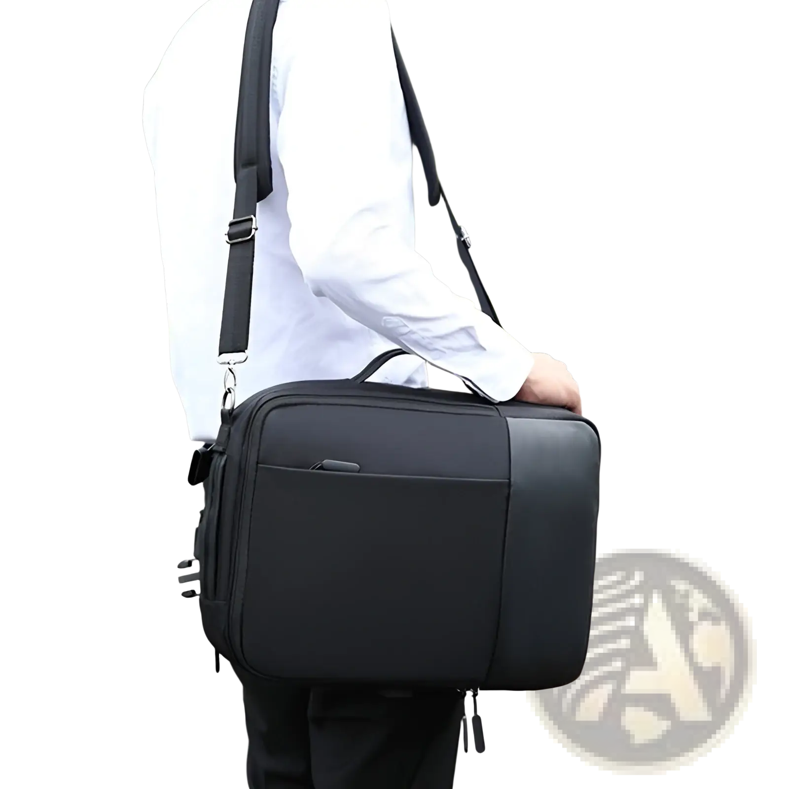 Black waterproof nylon laptop backpack with sleek minimalist design and adjustable shoulder strap for daily use