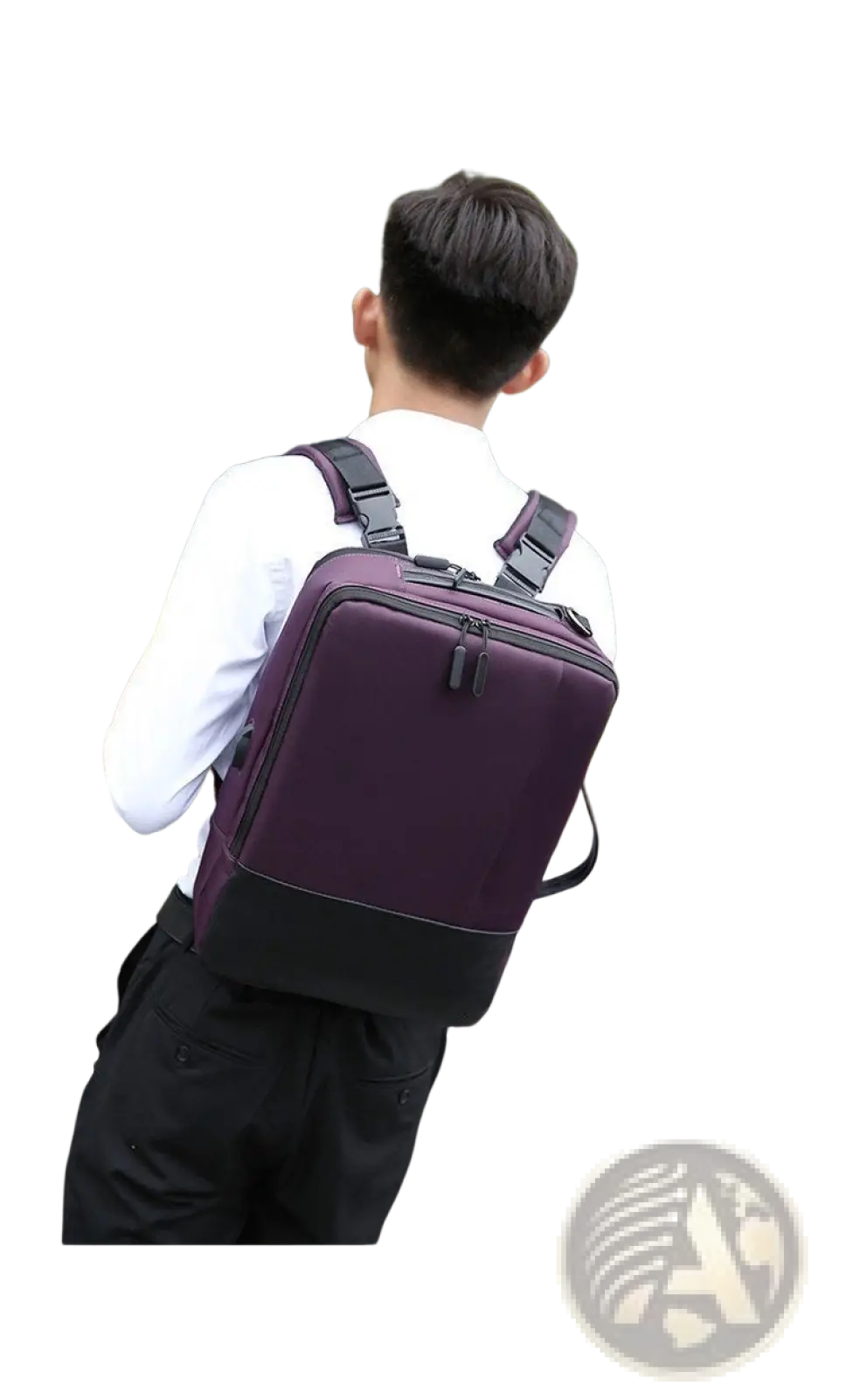 Purple and black waterproof nylon laptop backpack with adjustable straps shown from the back side