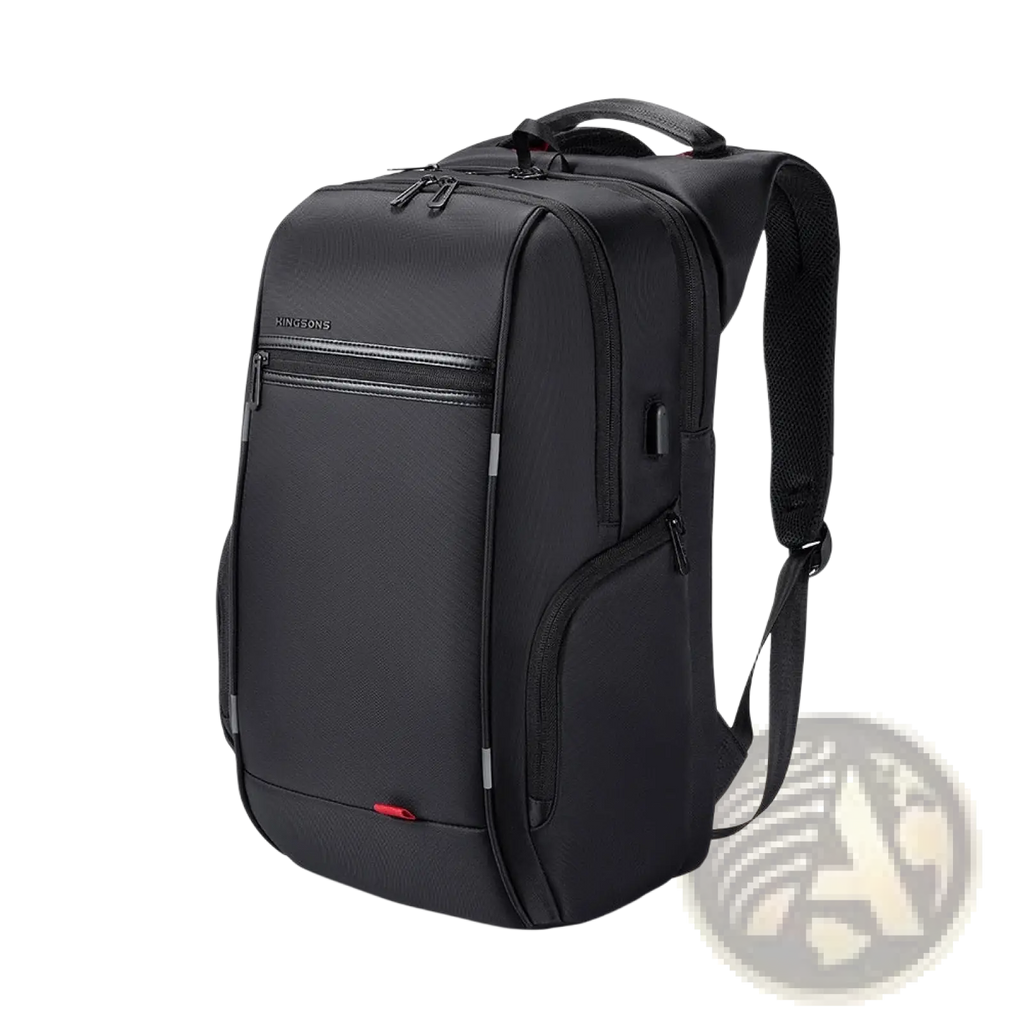 Black Kingsons laptop backpack with subtle red accents multiple zippered compartments waterproof USB charging business bag