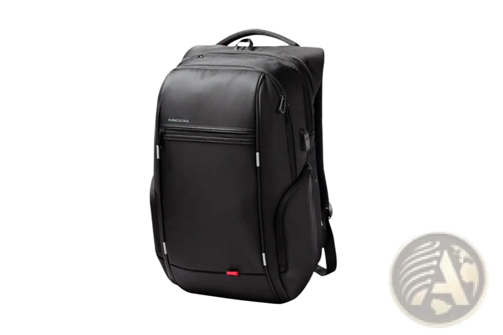 Black PU leather laptop backpack with red accents and silver zipper pulls designed for business use with USB charging