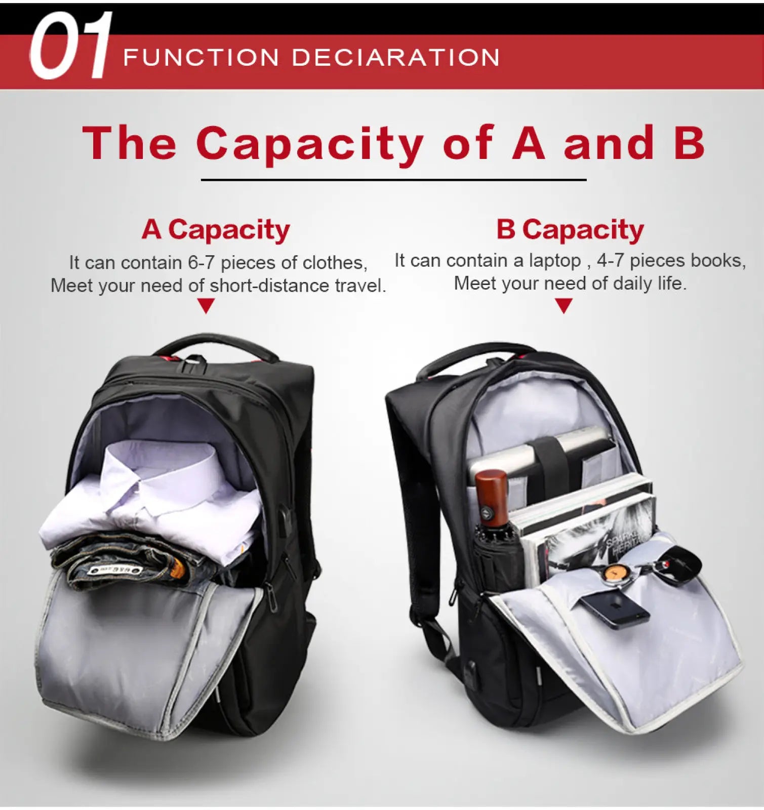 Black laptop backpack with waterproof material gray interior lining multiple compartments for business and daily use