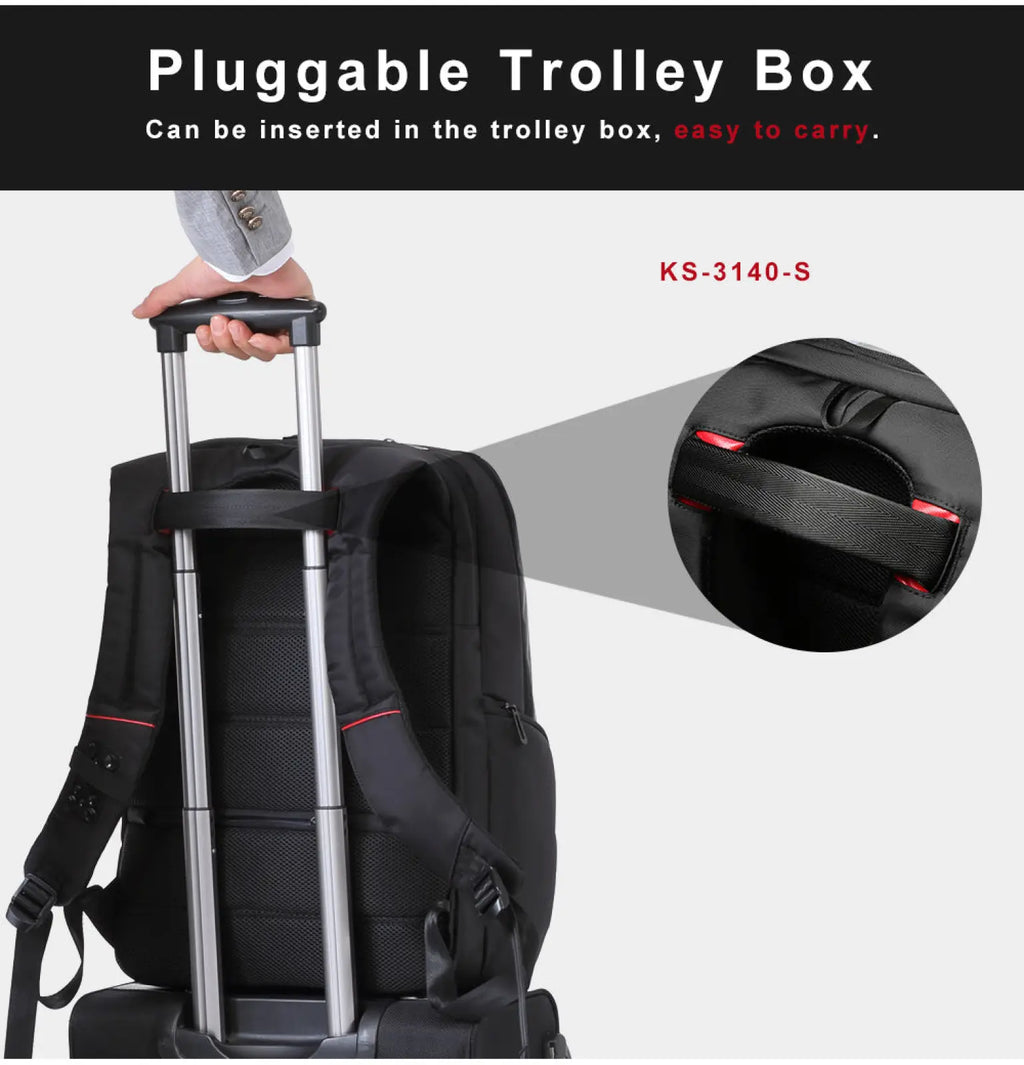 Black pluggable trolley box with red trim and silver handle designed for secure attachment to luggage transport