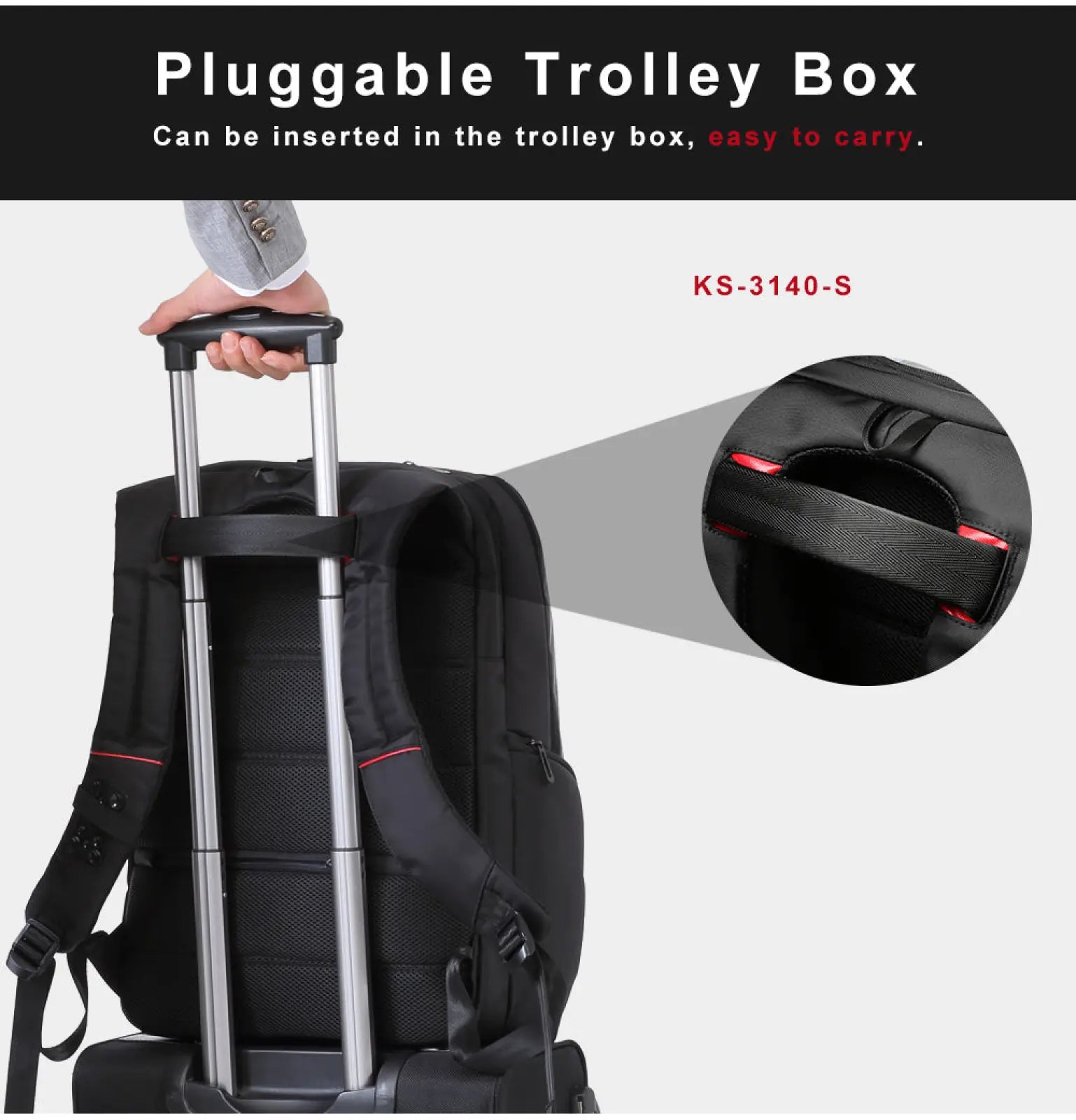 Black pluggable trolley box with red trim and silver handle designed for secure attachment to luggage transport