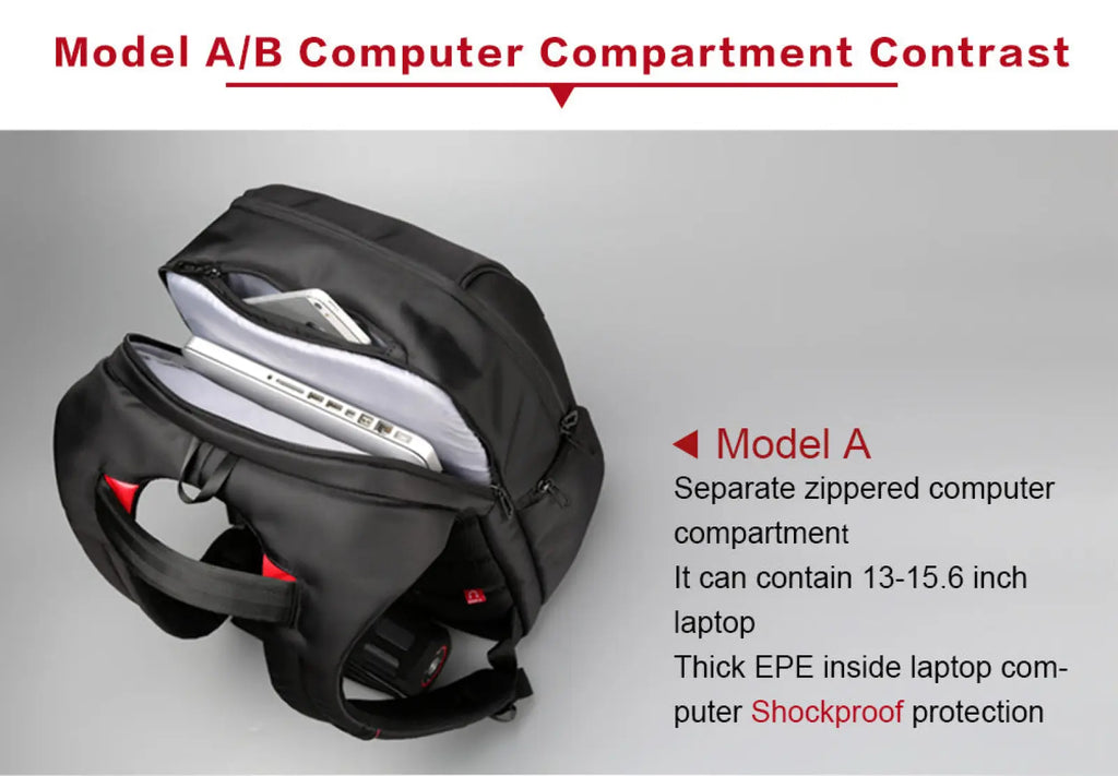 Black backpack with red accents and thick epe shockproof padding in zippered laptop compartment for 13-15.6 inch laptops
