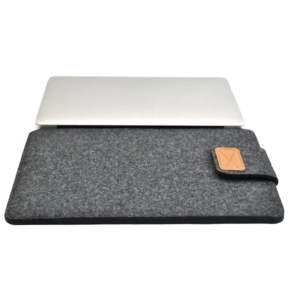 Dark gray felt laptop bag sleeve with tan leather patch for macbook air and tablet bag use