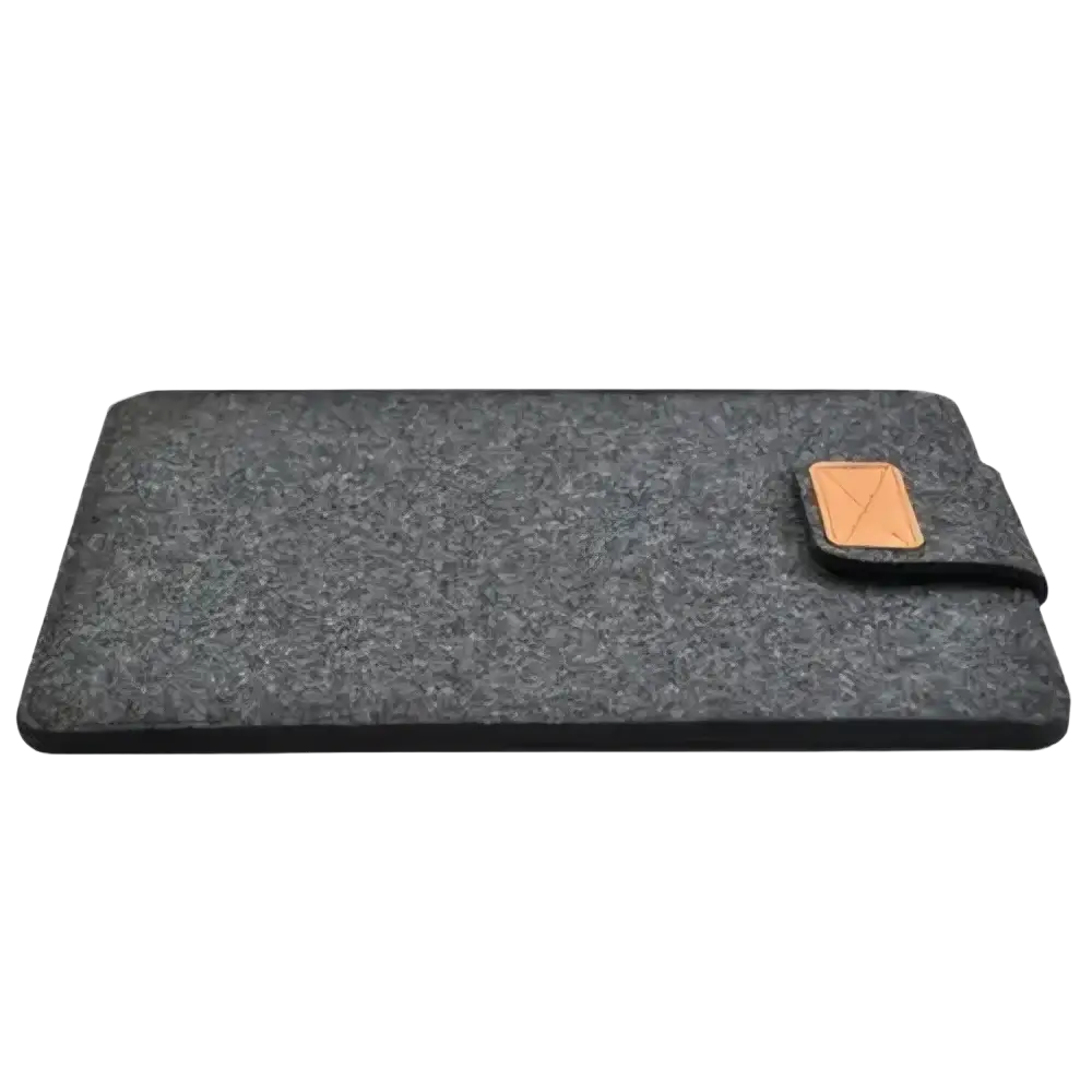 Dark gray felt laptop bag with tan leather flap and stitched logo designed for macbook air and tablet use