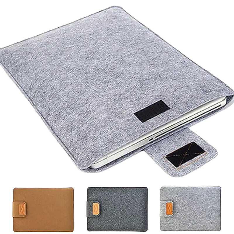Gray felt laptop bag sleeve for macbook air with black patch and tan leather tab closure tablet bag option