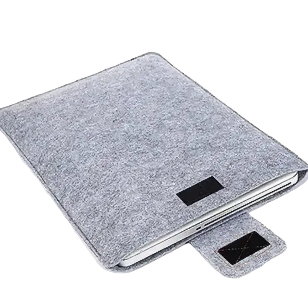 Gray felt laptop bag sleeve for macbook air with black velcro closure and matching flap for tablet bag use