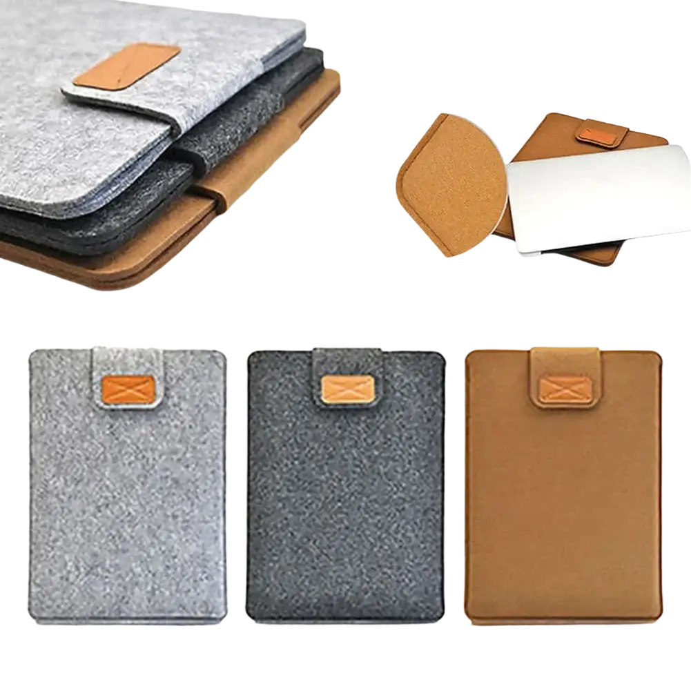 Gray black and brown felt laptop sleeves with tan leather accents for macbook air tablet bag and laptop bag use