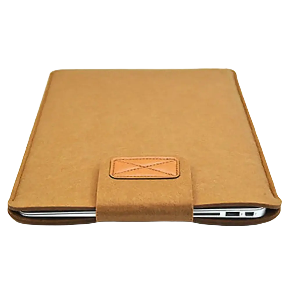 Tan felt laptop bag sleeve for macbook air with contrasting tan leather flap and stitched cross design