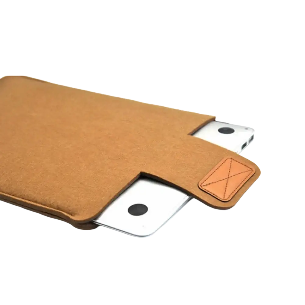 Tan felt laptop bag sleeve with leather patch and stitched detail designed for macbook air and tablet bag use