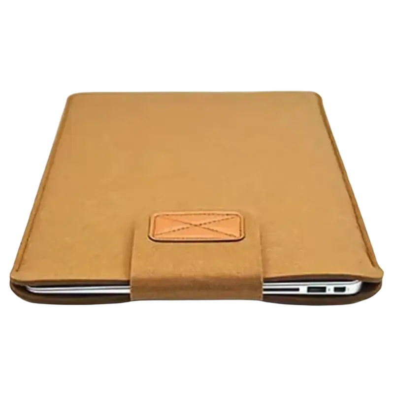 Tan leather laptop bag sleeve with stitched x-shaped flap designed for macbook air and tablet bag use