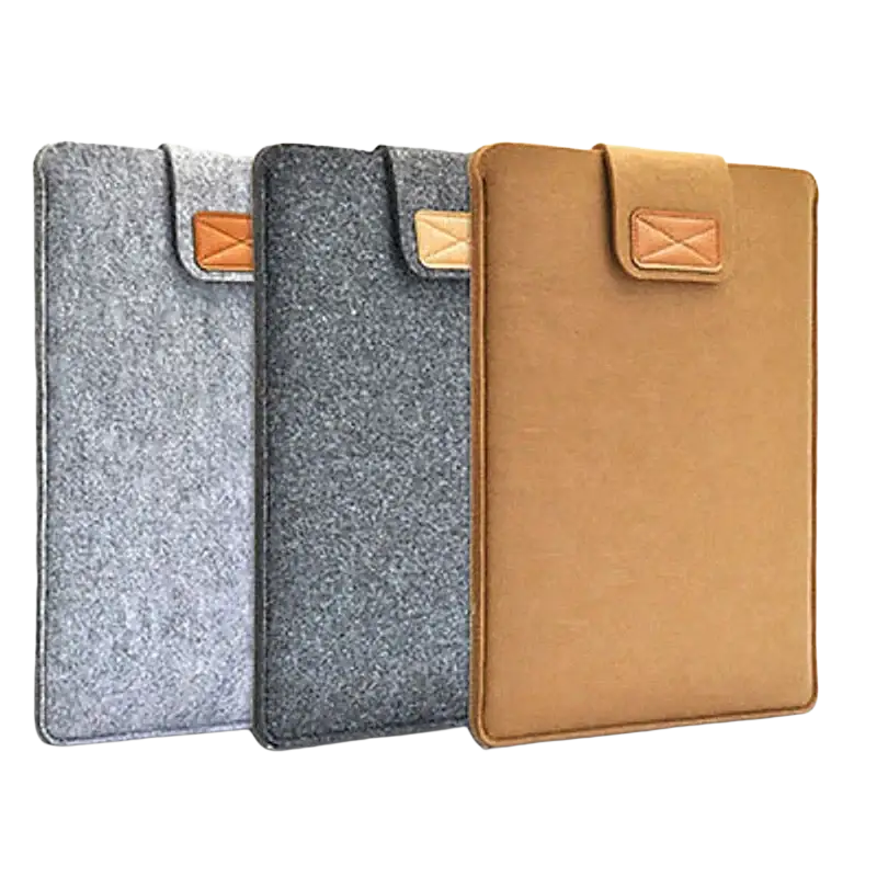 Three felt laptop bags in gray dark gray and tan with leather accents for macbook air tablet bag use