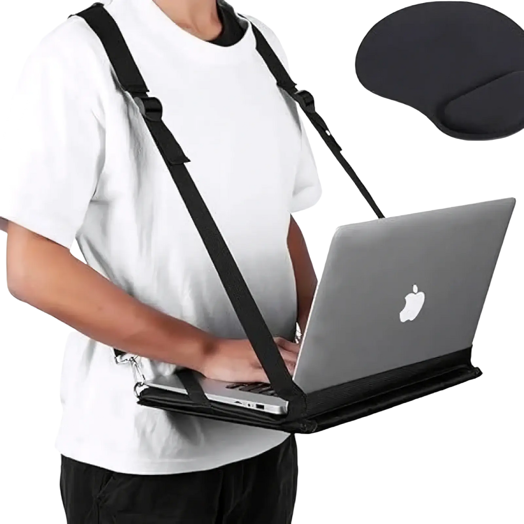 Black laptop carrying strap with adjustable shoulder straps and padded base for secure travel with 14 inch laptops