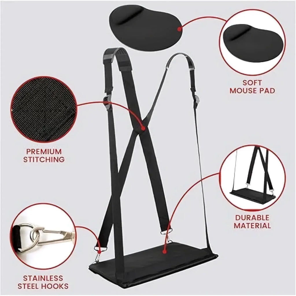 Black ergonomic desk chair suspension strap with soft mouse pad premium stitching and stainless steel hooks for laptop carrying strap adjustable travel 14 inch