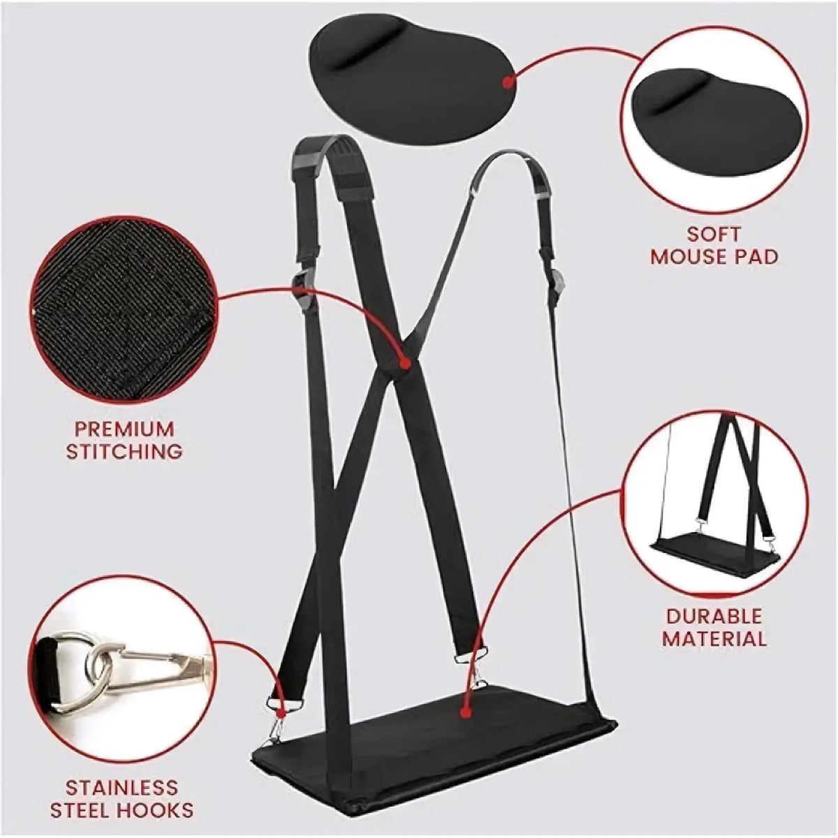Black ergonomic desk chair suspension strap with soft mouse pad premium stitching and stainless steel hooks for laptop carrying strap adjustable travel 14 inch