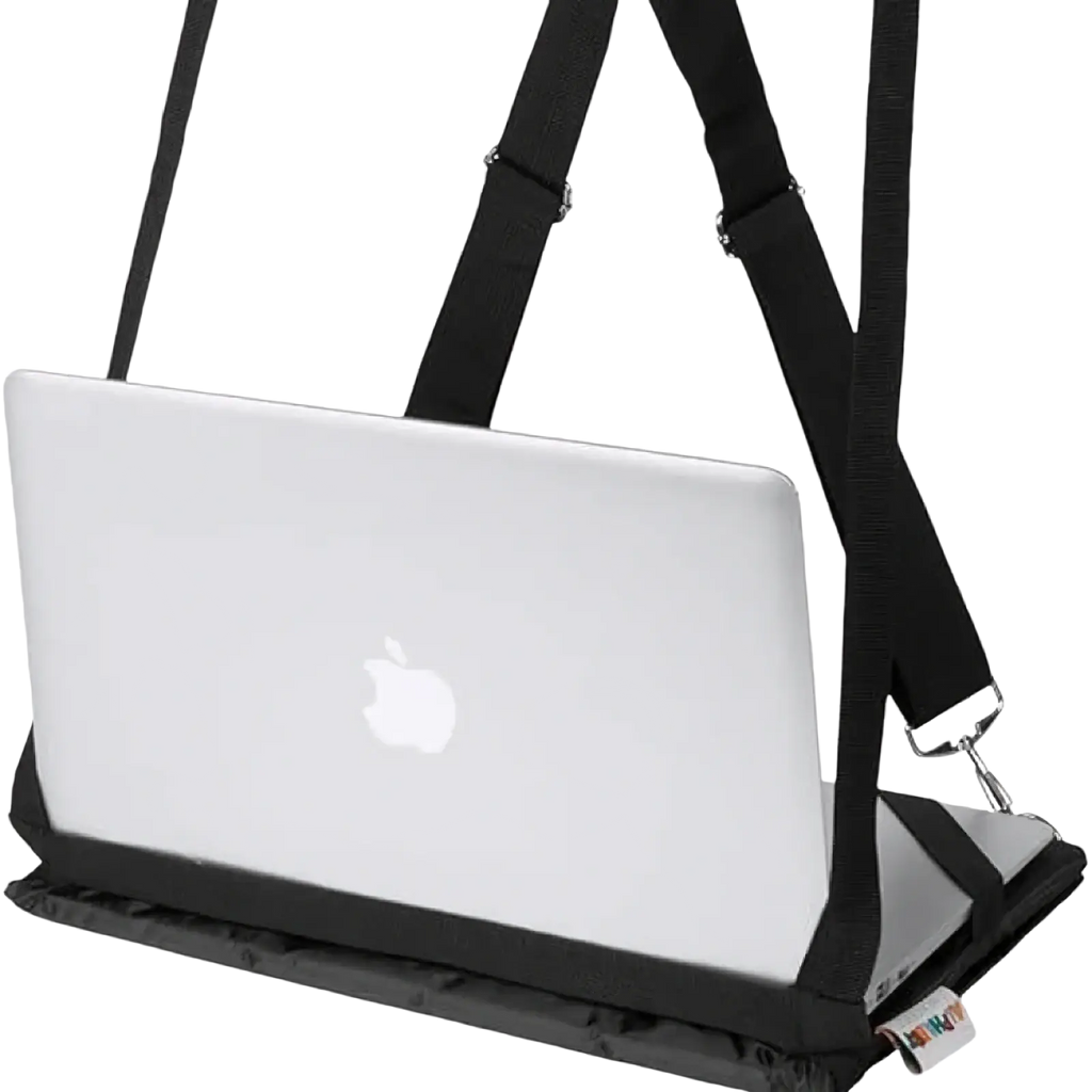 Black fabric laptop carrying strap with adjustable straps and sturdy base for 14 inch silver apple macbook suspension