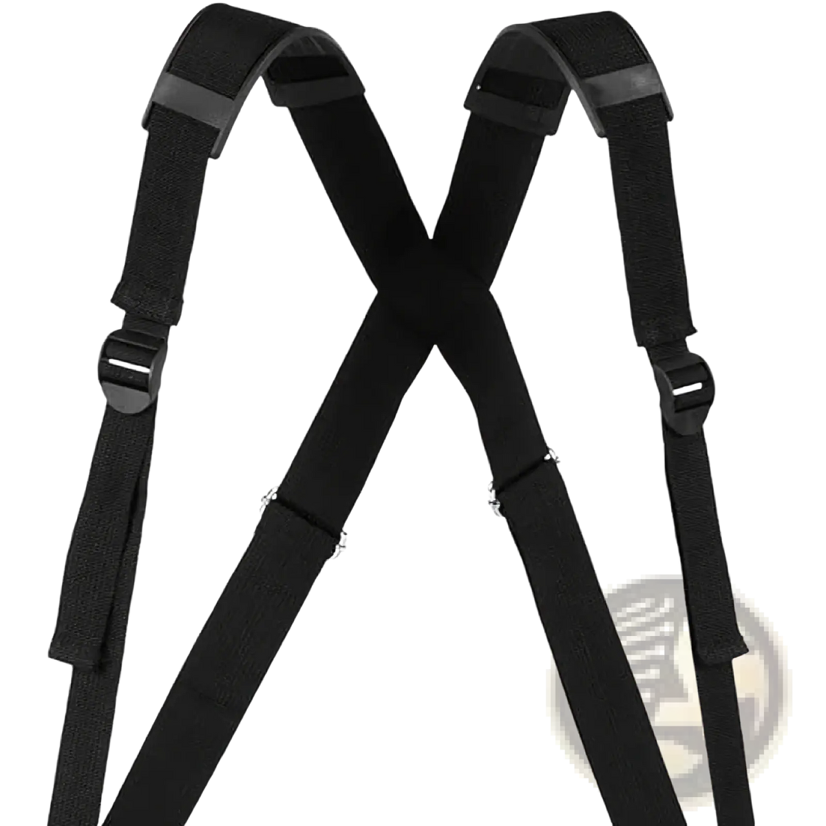 Black fabric laptop carrying strap with adjustable plastic buckles and reinforced shoulder pads for 14 inch travel use