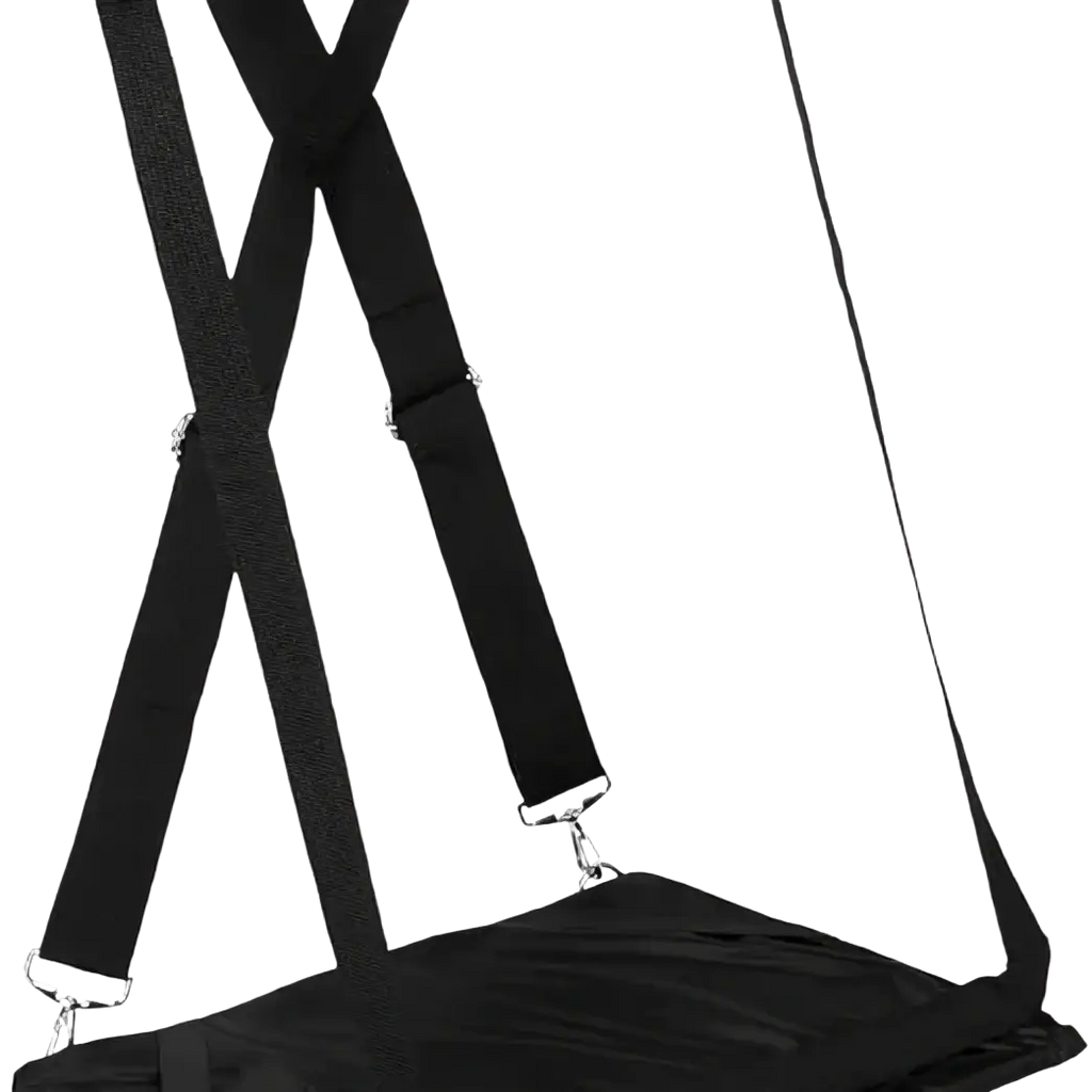 Black fabric laptop carrying strap with adjustable travel design and silver metal clasps for 14 inch laptops
