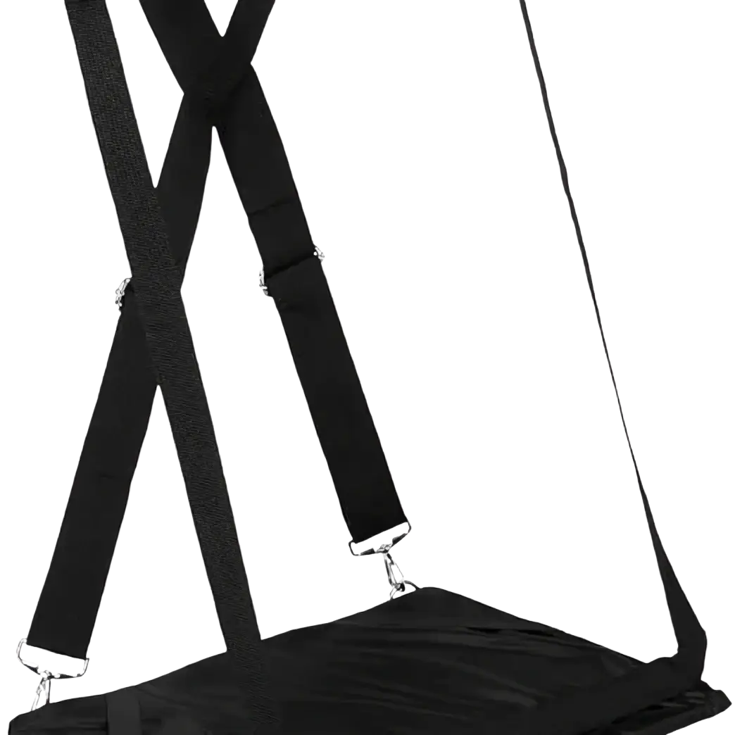 Black fabric laptop carrying strap with adjustable travel design and silver metal clasps for 14 inch laptops
