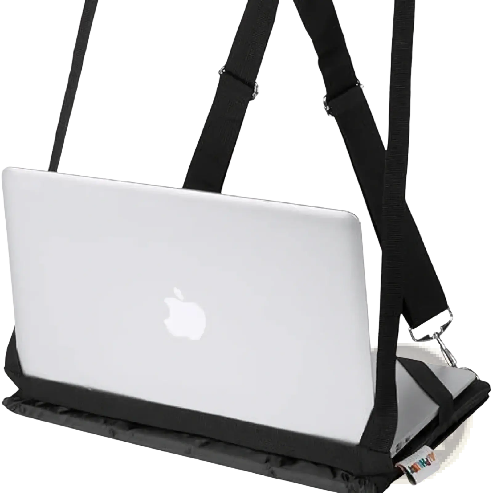 Black fabric laptop carrying strap with adjustable straps and sturdy base for 14 inch silver apple macbook suspension