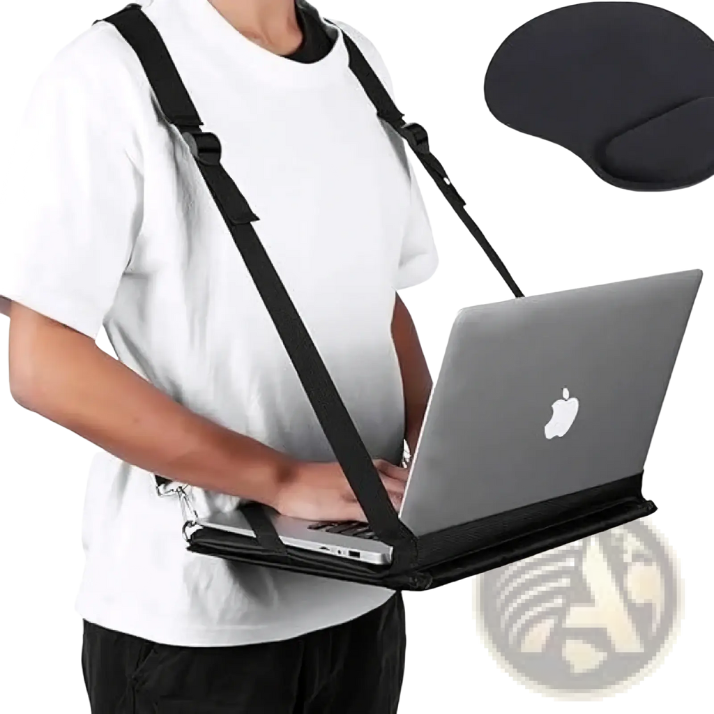 Black laptop carrying strap with adjustable shoulder straps and padded base for secure travel with 14 inch laptops