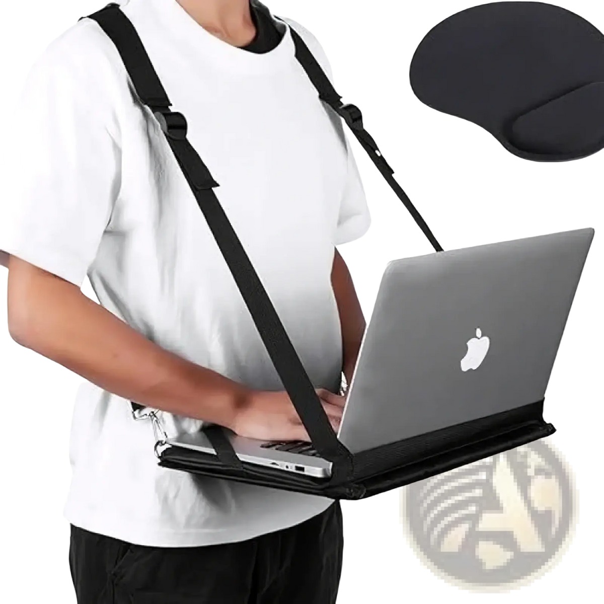 Black laptop carrying strap with adjustable shoulder straps and padded base for secure travel with 14 inch laptops