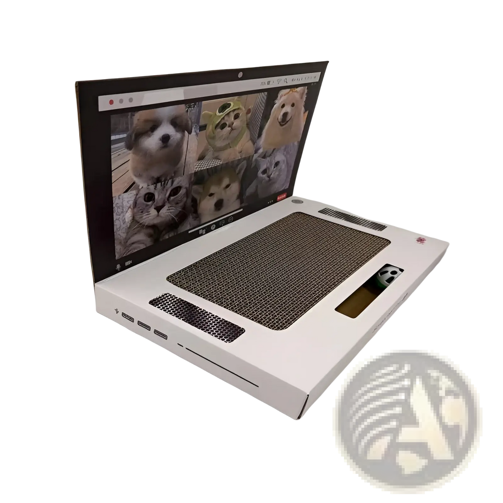White cardboard laptop cat scratcher toy notebook with screen displaying dogs and cats and scratchable keyboard area