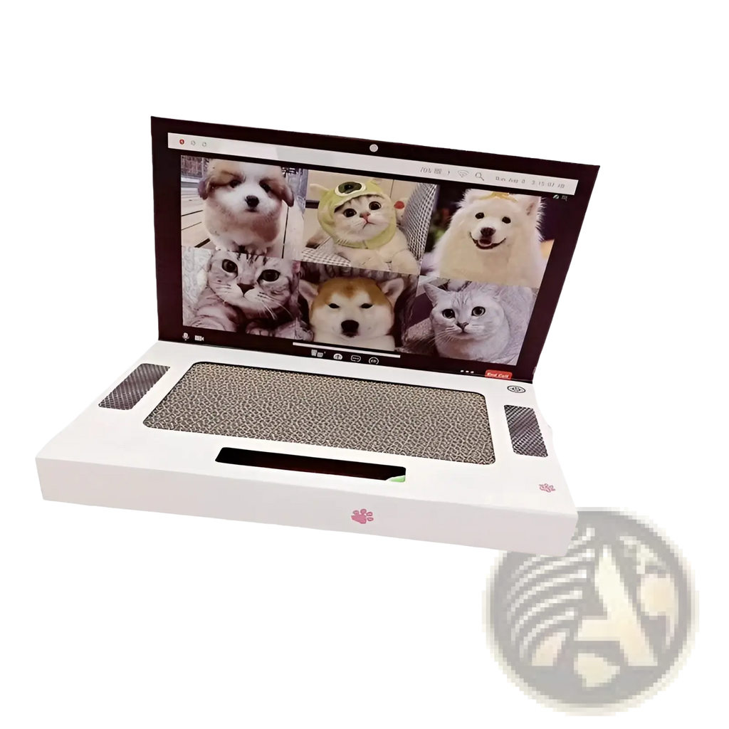 White cardboard laptop-shaped cat scratcher toy notebook with textured keyboard scratching surface and screen displaying pets
