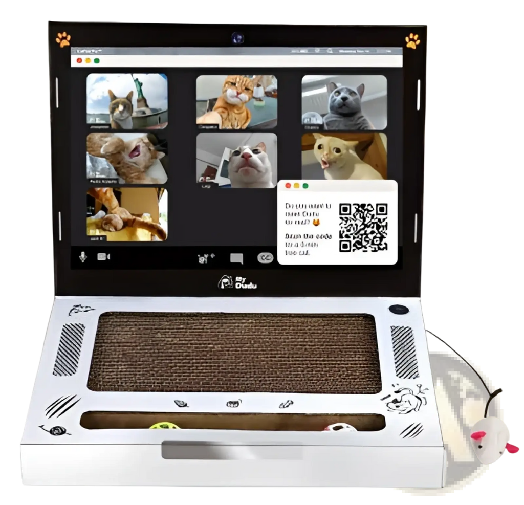 Laptop cat scratcher white cardboard toy notebook with brown scratching surface and black paw print accents
