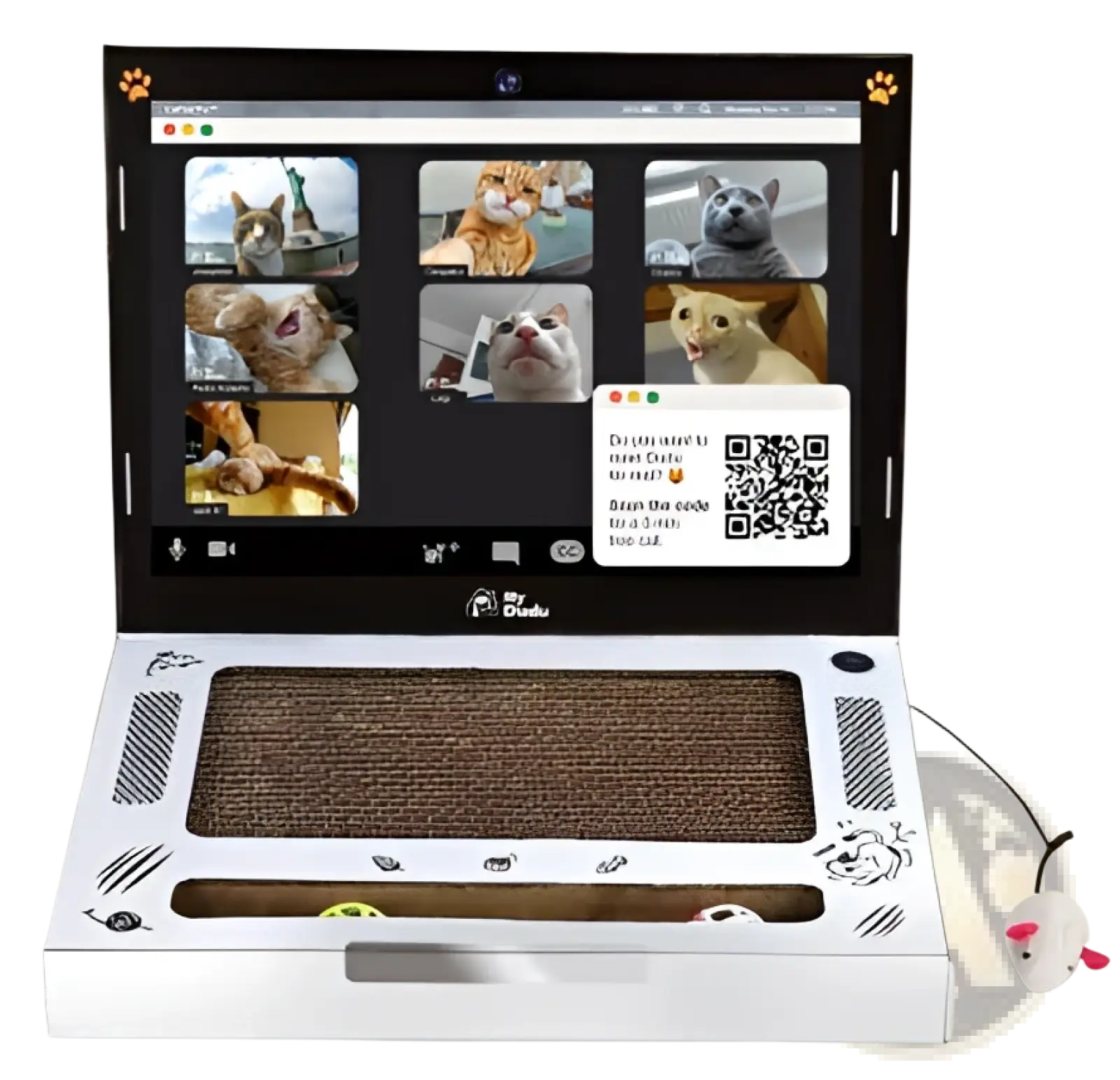 Laptop cat scratcher white cardboard toy notebook with brown scratching surface and black paw print accents