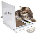 White cardboard laptop-shaped cat scratcher with a tabby kitten resting on it as a toy notebook