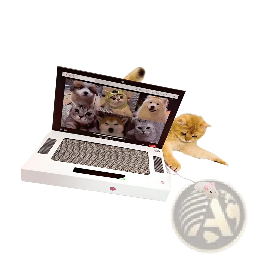 White laptop-shaped cat scratcher made of cardboard with a textured surface and a small pink paw print logo