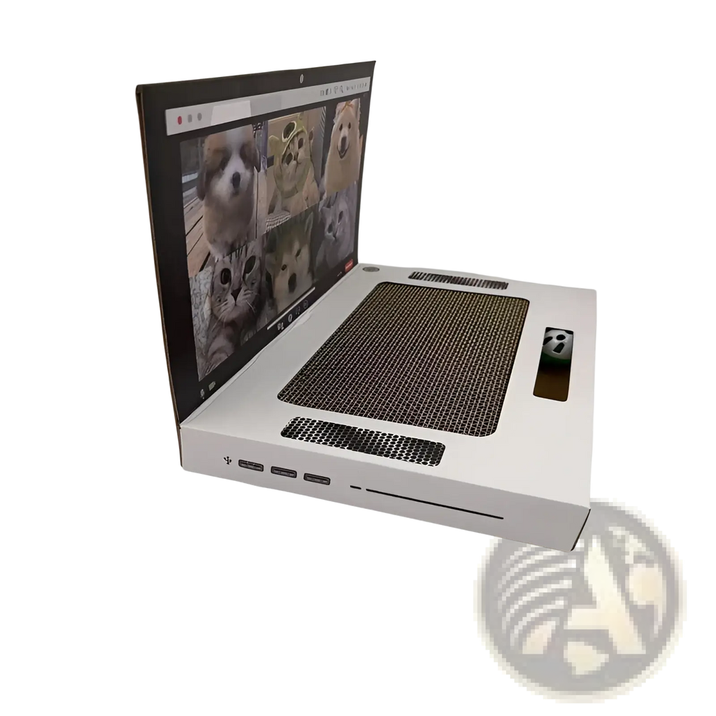 White cardboard laptop cat scratcher toy notebook with textured keyboard surface and screen showing dog and cat photos