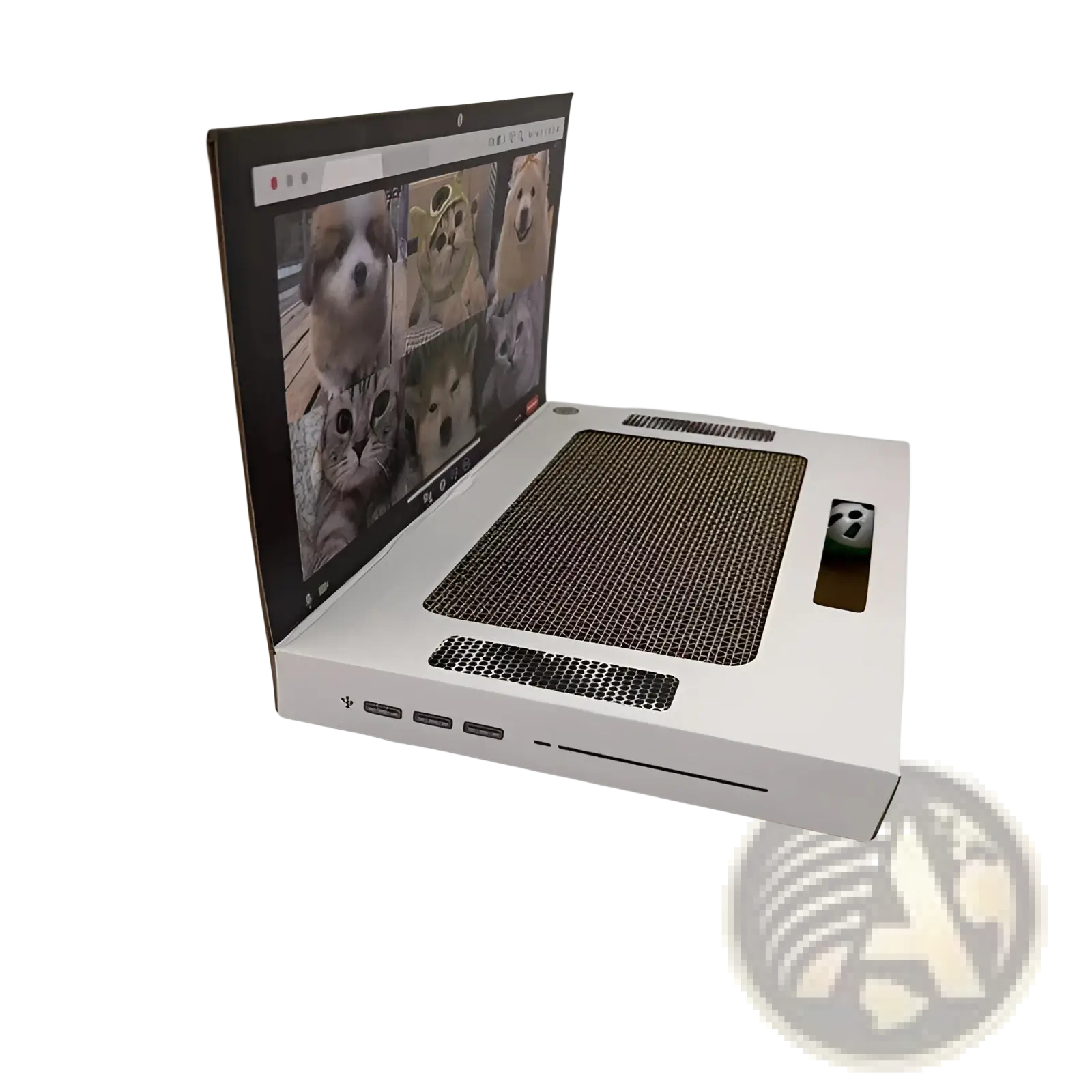 White cardboard laptop cat scratcher toy notebook with textured keyboard surface and screen showing dog and cat photos