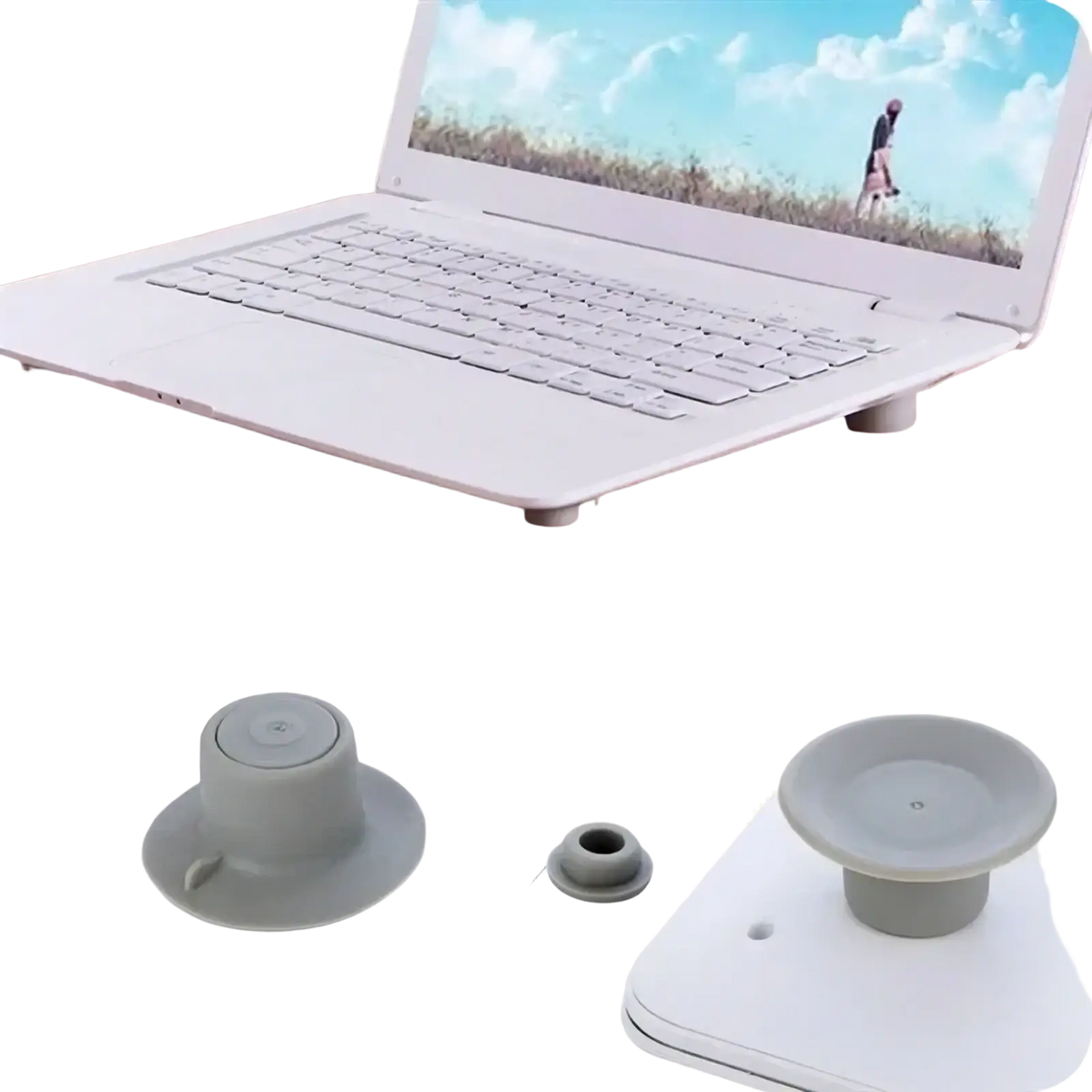 Gray silicone laptop cooling feet stand with suction cup design for heat reduction pads showing the back side