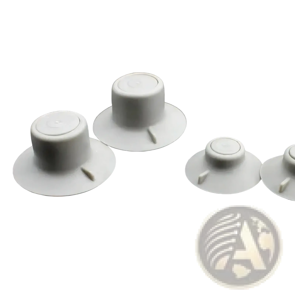 White plastic potentiometer knobs with circular base and central shaft for laptop cooling feet stand heat reduction pads