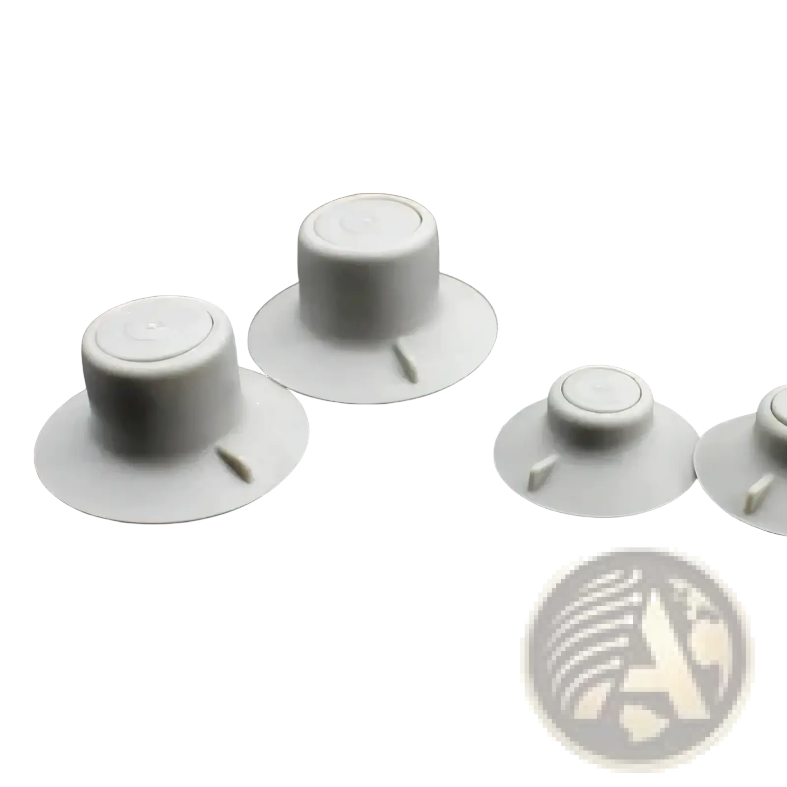 White plastic potentiometer knobs with circular base and central shaft for laptop cooling feet stand heat reduction pads